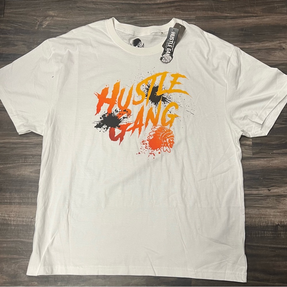 Hustle Gang White Tee with Orange and Black Graphic
